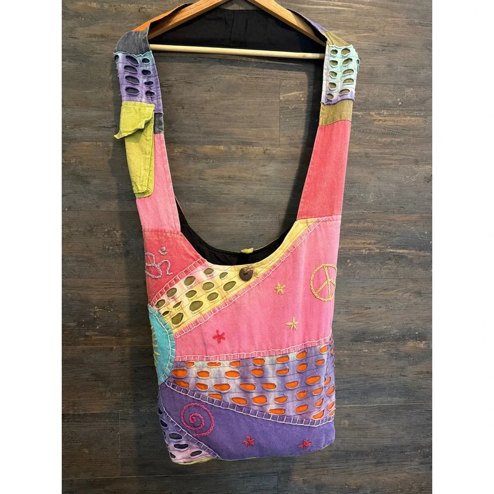 Kathmandu Imports Patchwork Hobo Bag Boho Crossbody Peace Om Nepal Cotton Multi